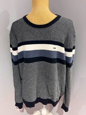 Michael Kors Mens Large Striped Crewneck Sweater Navy Blue Grey Cotton Knit
